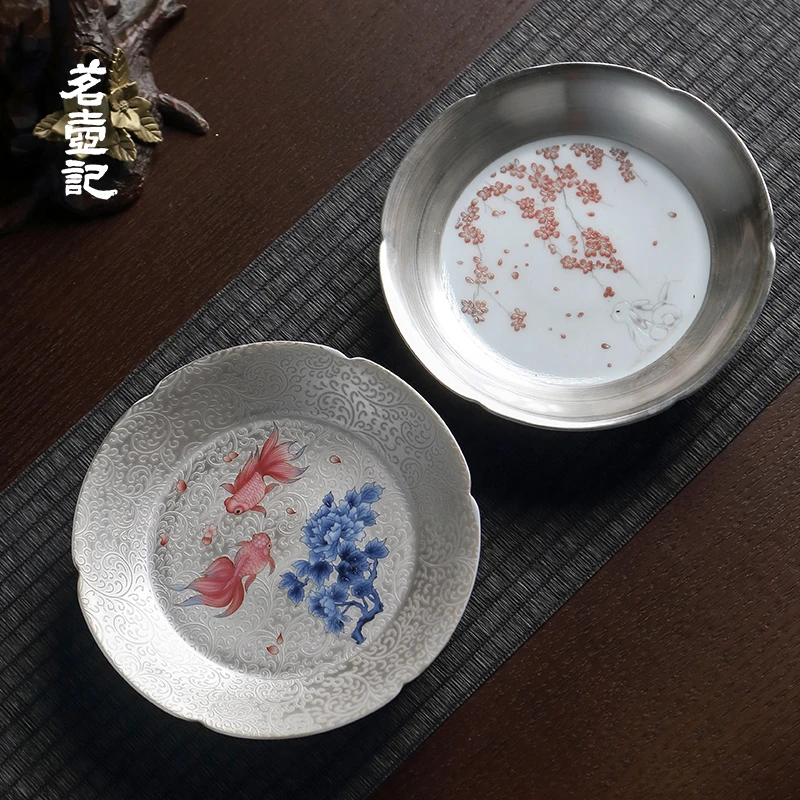 手绘玉兔鎏银壶承锦鲤鎏银壶承干泡茶台瓷包银壶垫壶托茶具配件