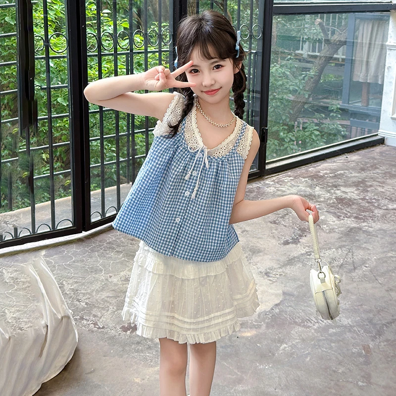 女童夏季假两件套装2025新款儿童格子吊带短裙夏装洋气时髦两件套