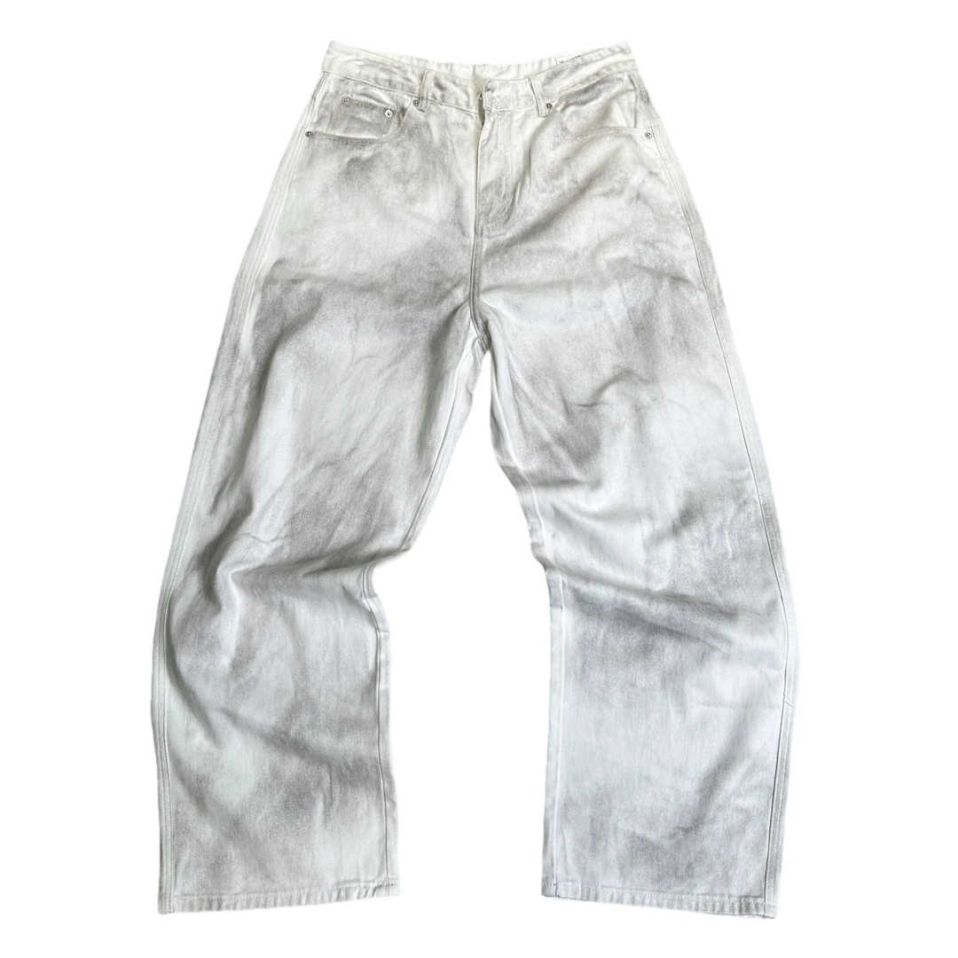 SOULSEEKER美式休闲痞帅脏脏白色牛仔裤男直筒宽松百搭阔腿老爹裤