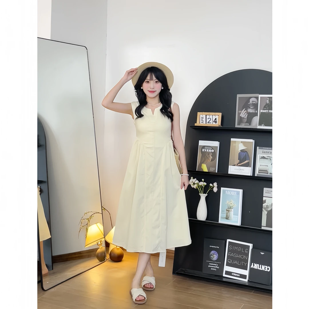 【美佳小个子】夏季新款法式气质无袖高腰设计感连衣裙女ZR-Q73989