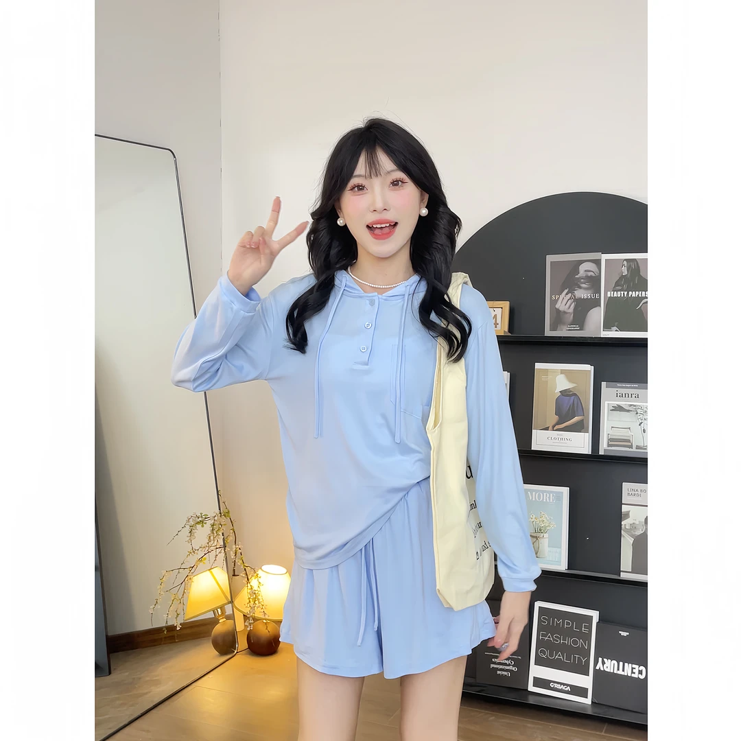【美佳小个子】夏季新款防晒长袖上衣+高腰宽松短裤两件套ZR-T75413
