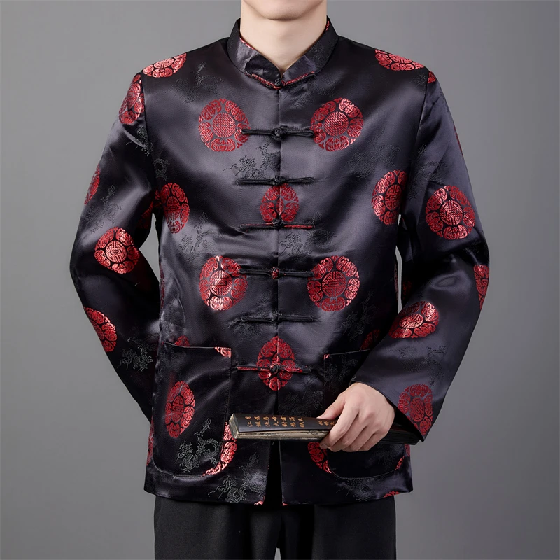 2026年春季新款男士刺绣休闲唐装 中式复古立领薄款宽松老人外套