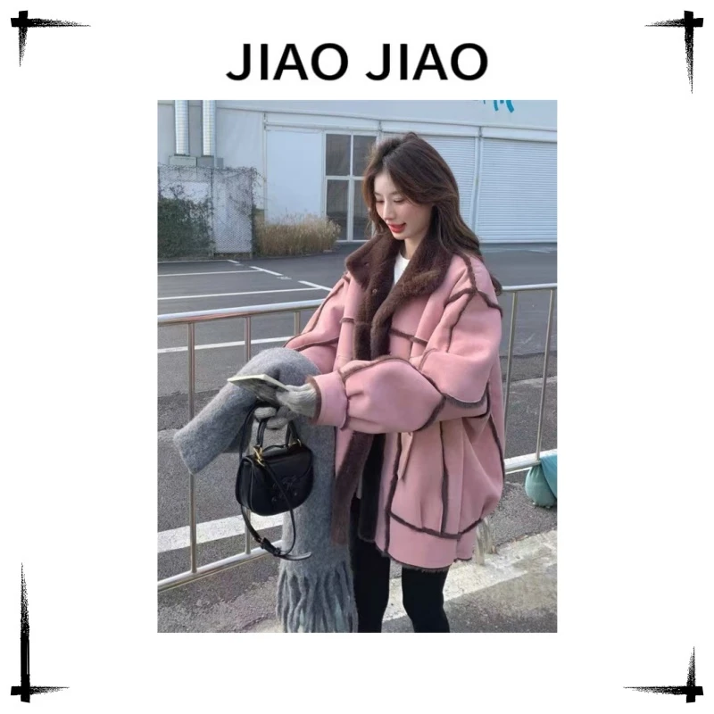 皮粉色毛外套女秋冬皮毛一体爆款派克服绝美独特设计感W1387+7206