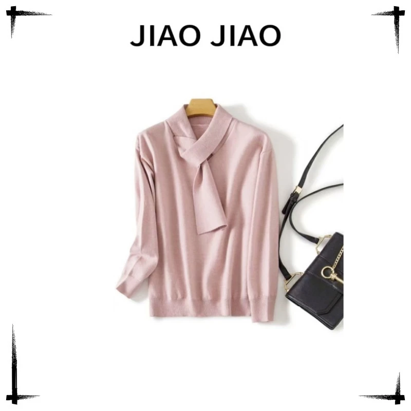 围脖装饰小宽松羊毛长袖针织衫打底2024秋冬女新款毛衣01+7219