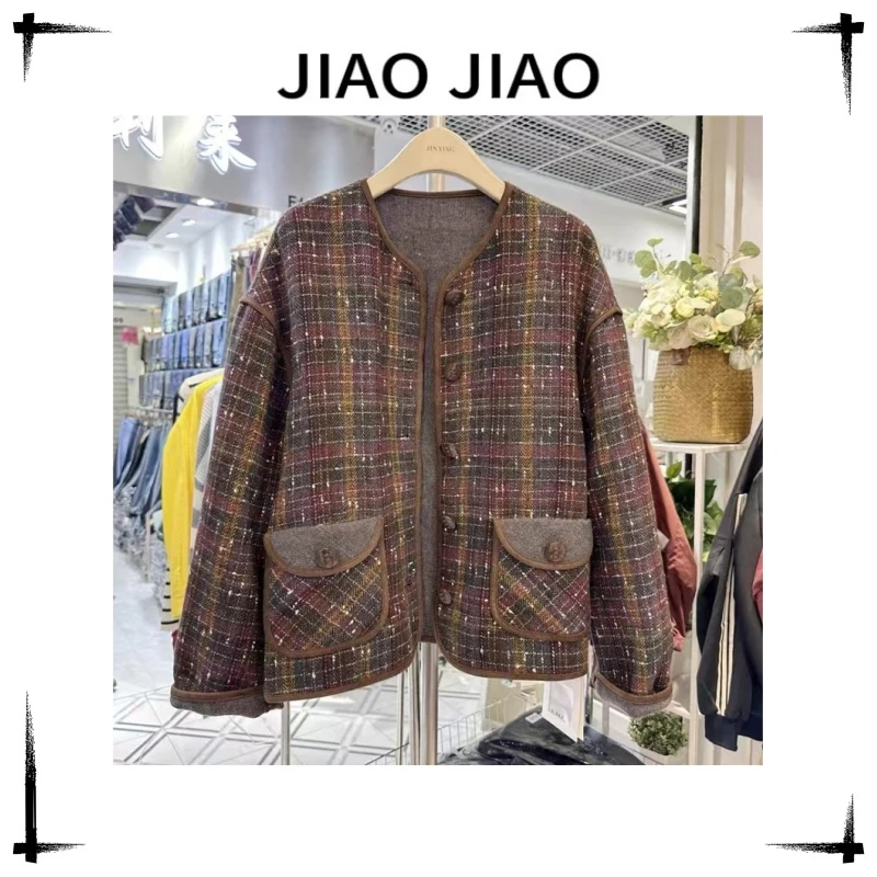 欧货高端时尚气质羊毛呢格子单排扣口袋短外套上衣秋5807+6930