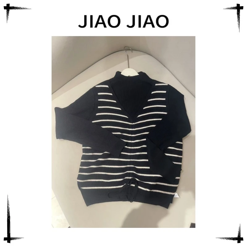 假两件毛衣打底衫女士半高领条纹显瘦内搭针织上衣毛衣06+7214