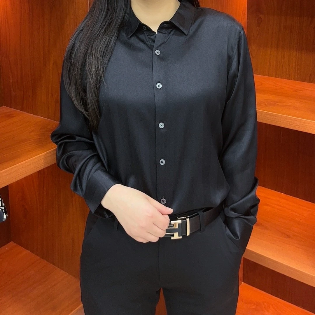 LIAOBOOS设计师款轻奢男士桑蚕丝衬衫休闲商务百搭纯黑色长袖9982