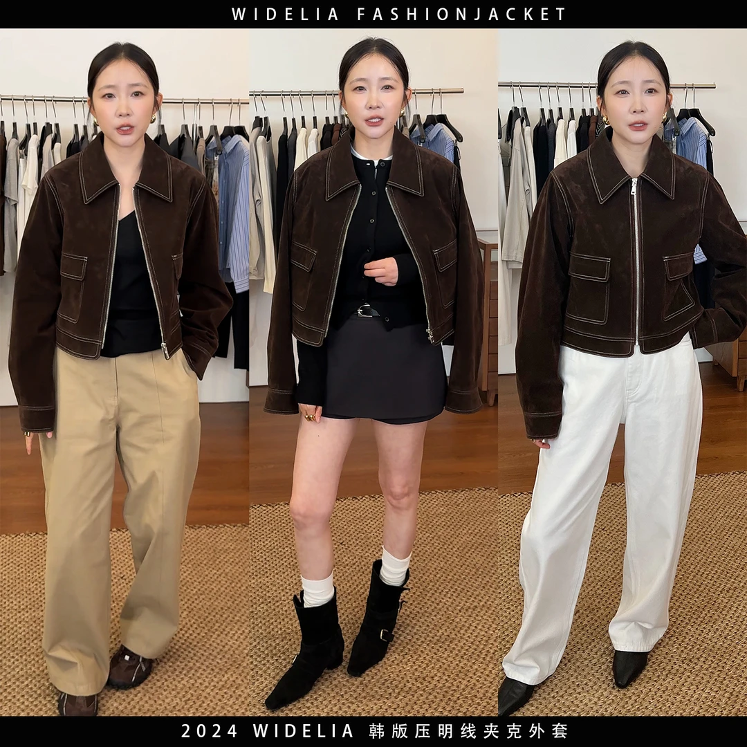 widelia秋季9136咖色夹克外套潮流韩版短款宽松复古拉链夹克上衣