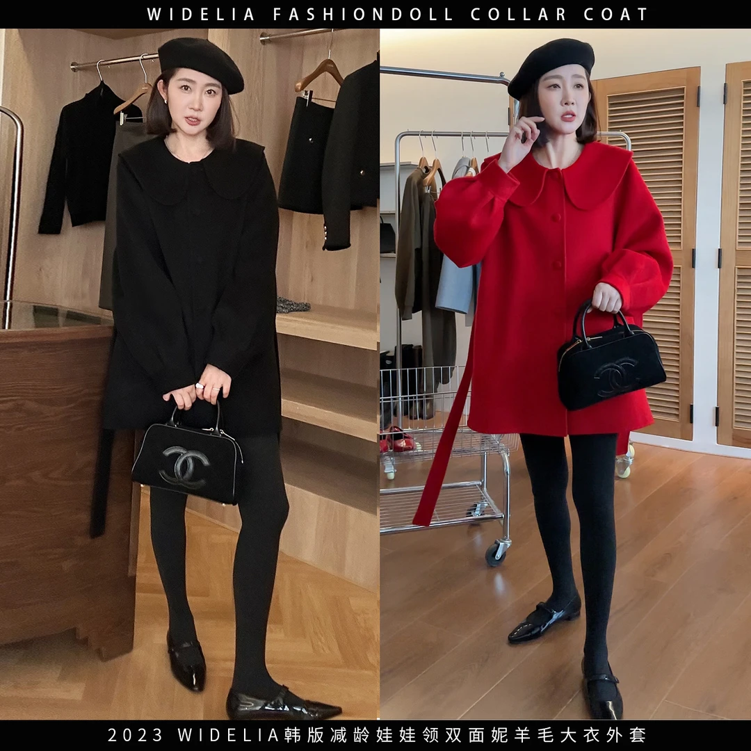 widelia冬季9381长款毛呢娃娃领减龄系带收腰双面羊毛大衣外套女