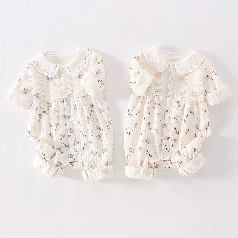 婴儿连体衣春秋新款对开花边长袖爬服女宝宝棉质公主风小碎花哈衣