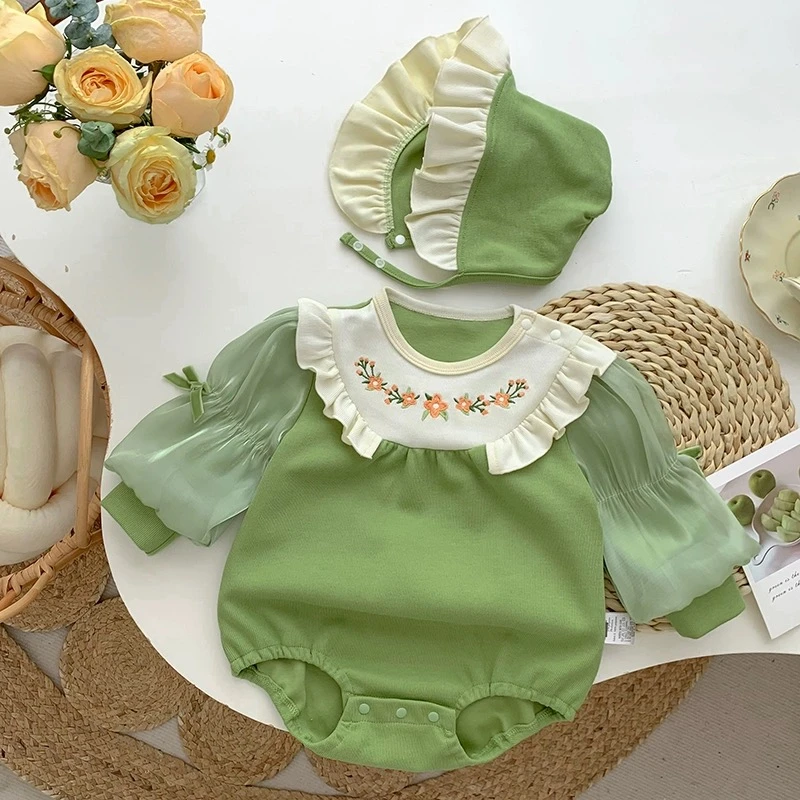 【一粒家】新生儿春秋款女宝宝超萌绿色三角包屁衣（帽子打底三件套）