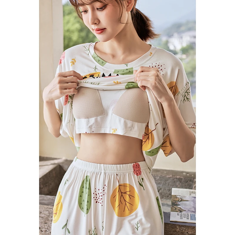 2023莫代尔睡衣女夏季薄款短袖短裤防凸点带胸垫家居服套装可外穿