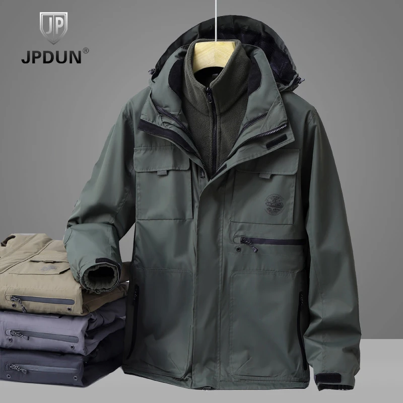 JPDUN/吉普盾户外冲锋衣男款秋冬季三合一可拆卸防风防水登山外套