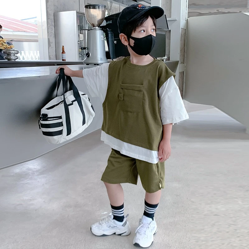 男童短袖套装2025夏季新款儿童时尚洋气假两件夏装中大童两件套潮