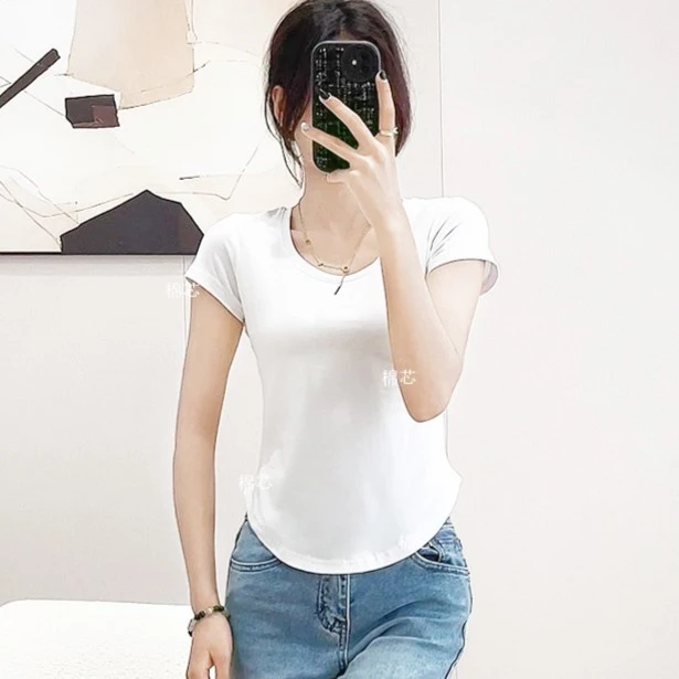 2023夏季新款纯色t恤女短袖圆领修身显瘦简约时尚打底内搭上衣潮