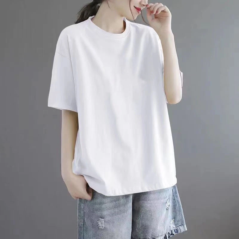 〖送运费险〗100%棉短袖T恤女夏短袖休闲时尚百搭纯色宽松圆领上衣T