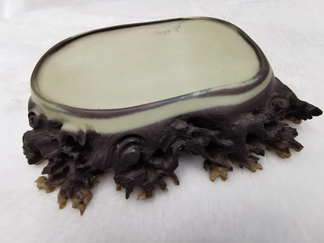 紫袍玉带石茶盘复古壶承陶瓷圆屏摆件茶具纯手工工艺品手工雕刻