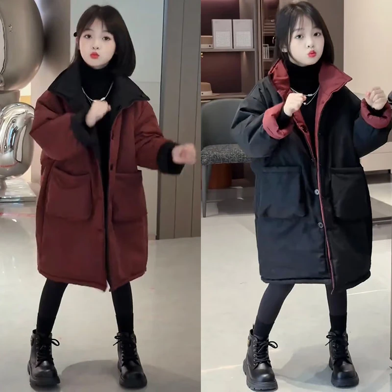 女童棉服冬季2024新款中长款加厚洋气两面穿外套儿童加棉保暖棉衣