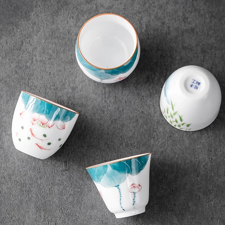 中式家用陶瓷荷花茶杯白瓷茶具单杯手绘釉下彩茶道喝茶荷韵品茗杯