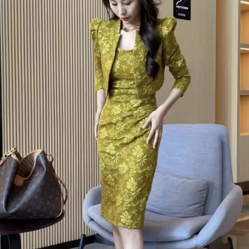 小香风背带裙套装女2025春季时尚长袖外套法式提花吊带连衣裙套装