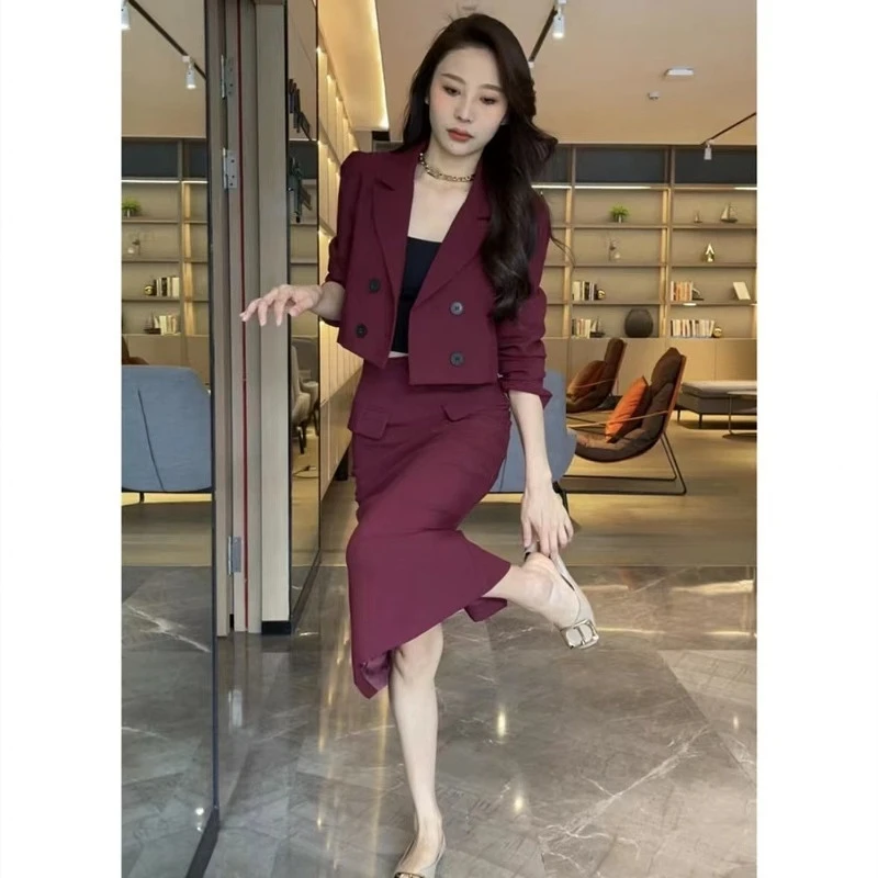 小个子高级感时尚套装裙女2025春秋新款洋气西服外套+高腰半身裙