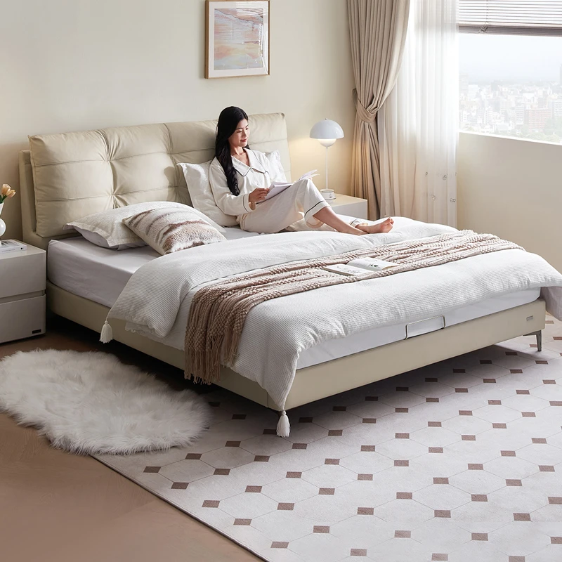 全友家居奶油风床家用1.5米真皮床软包床主卧室双人床大床1.8米
