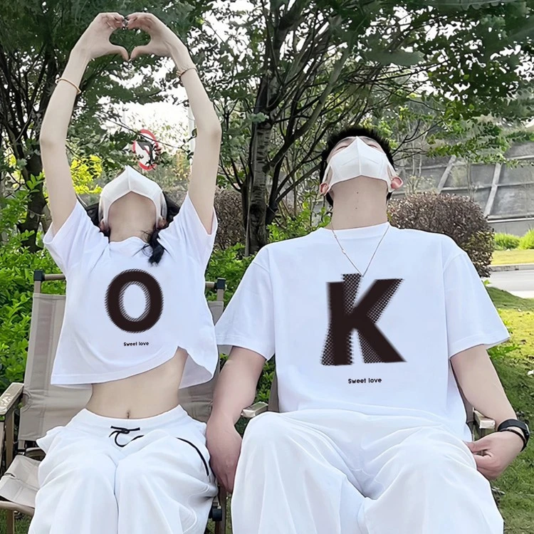 卡通情侣t恤一长一短夏日新款清凉薄款网红情侣装短袖纯棉百搭潮