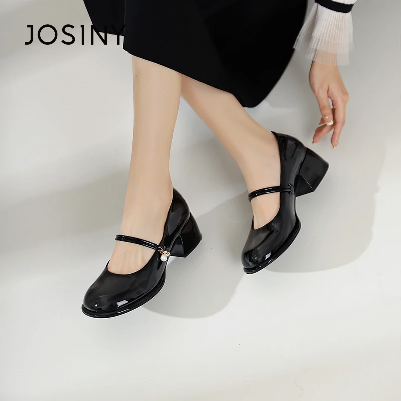 卓诗尼厚底粗跟圆头浅口一字带玛丽珍鞋2025春季新款法式珍珠单鞋