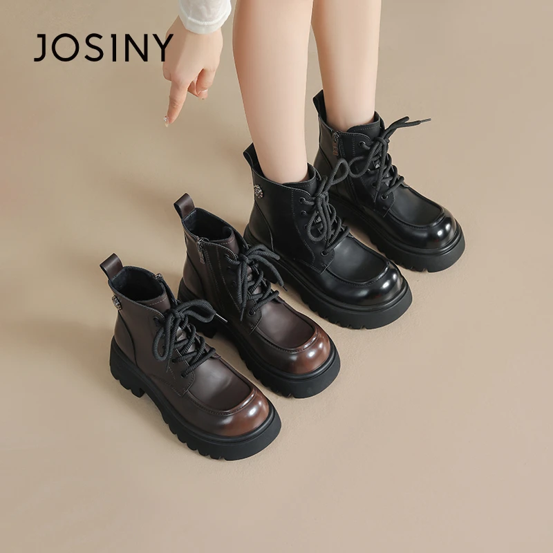 卓诗尼圆头粗跟马丁靴女2025秋冬新款英伦风休闲百搭复古增高短靴