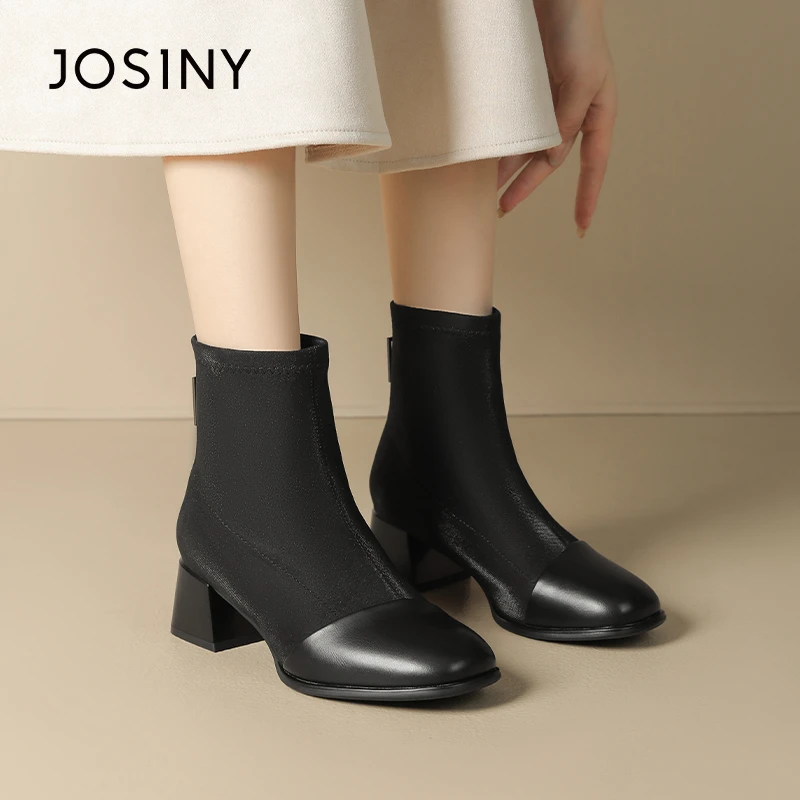 卓诗瘦瘦靴2025春秋女士法式复古时尚舒适百搭方头粗跟中跟女靴子