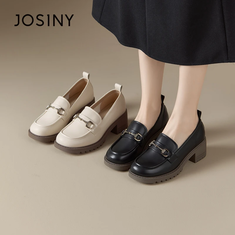 卓诗尼春季新款小皮鞋厚底英伦风粗跟软底马衔扣一脚蹬乐福鞋