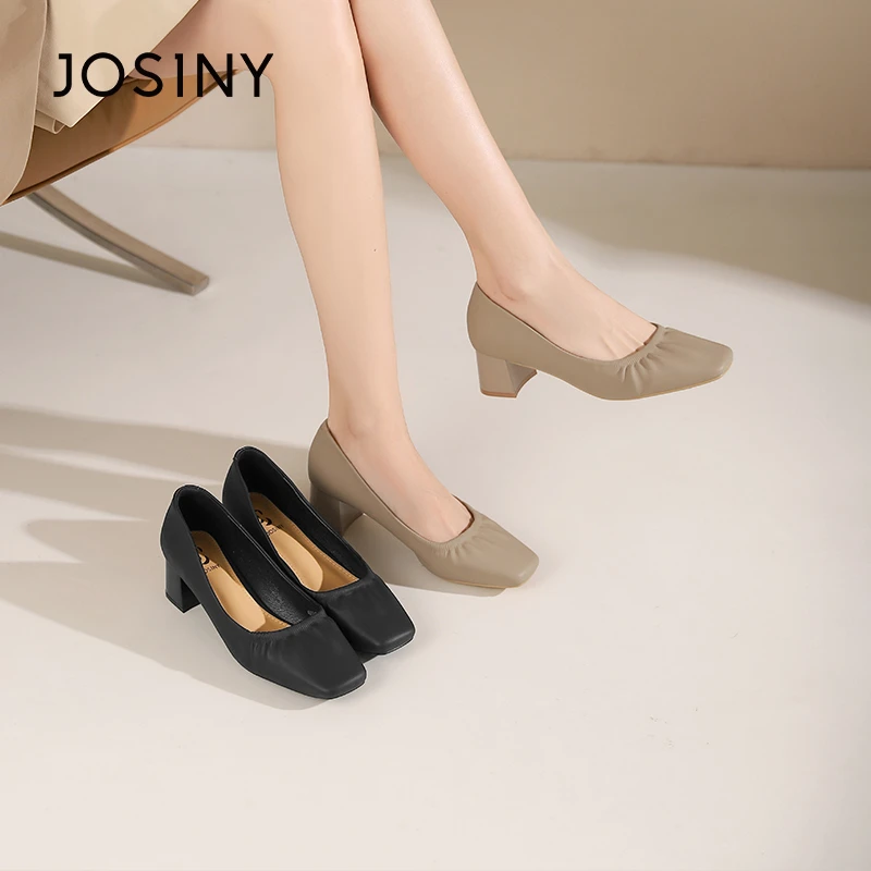 卓诗尼方头法式气质高跟女鞋2024春秋浅口粗跟通勤单鞋492A10451