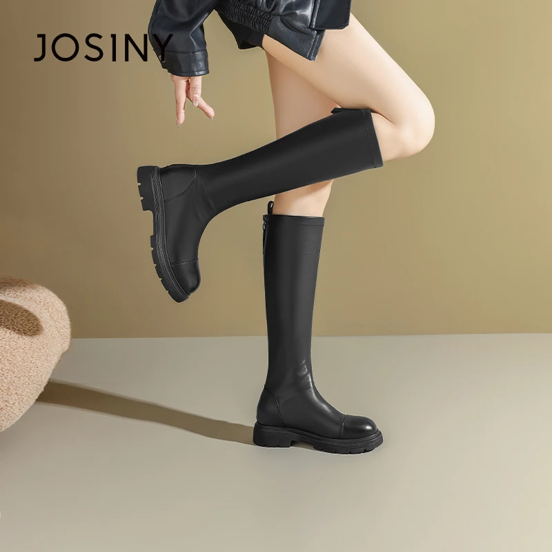 卓诗尼女鞋2024秋冬新款时尚百搭粗跟休闲潮流长筒靴子增高时装鞋