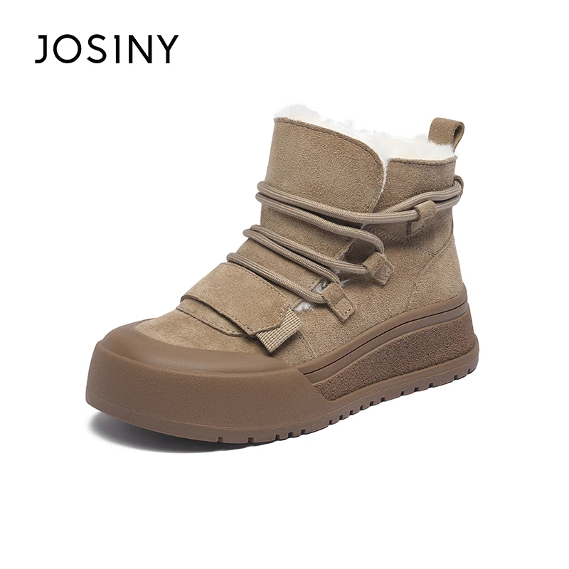 真皮卓诗尼厚底雪地靴女靴子2024冬季保暖加毛绒棉鞋新款牛皮短靴