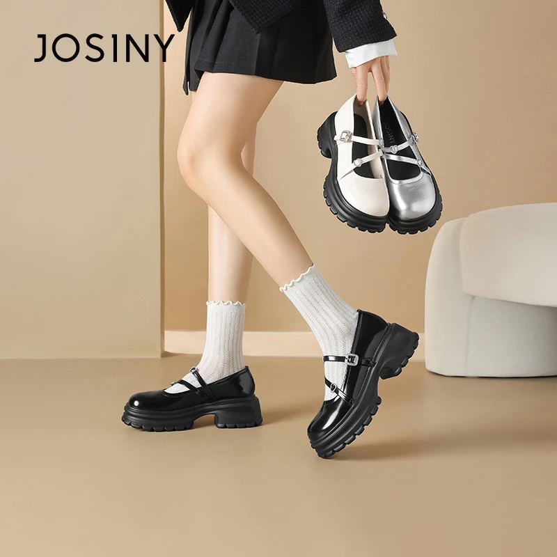 卓诗尼厚底玛丽珍鞋女款2024秋冬新款银色小皮鞋粗跟圆头百搭单鞋