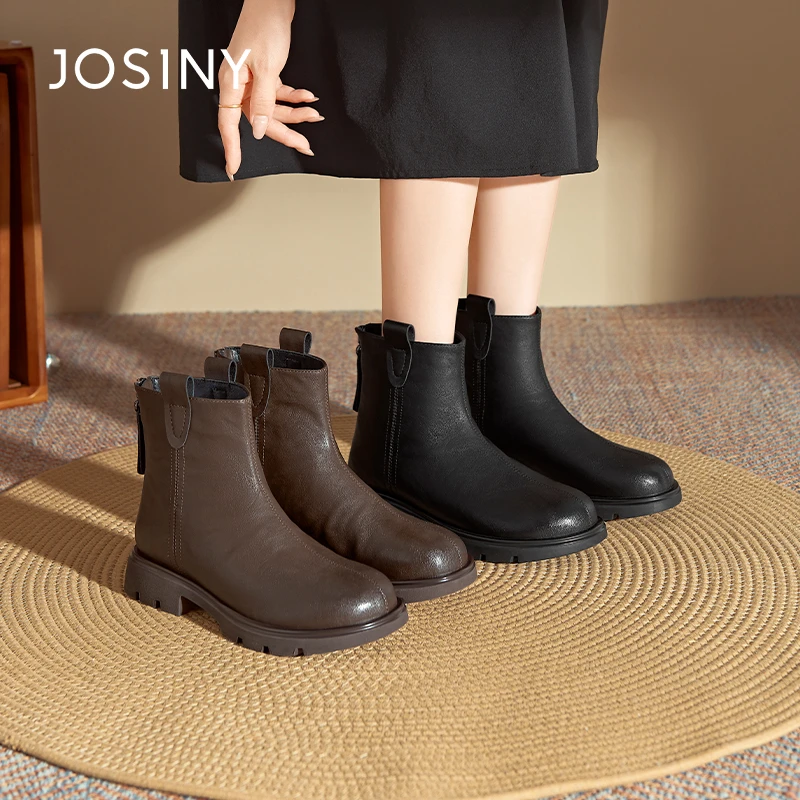 卓诗尼时尚百搭复古粗跟厚底英伦风秋冬矮靴时尚百搭复古粗跟英伦