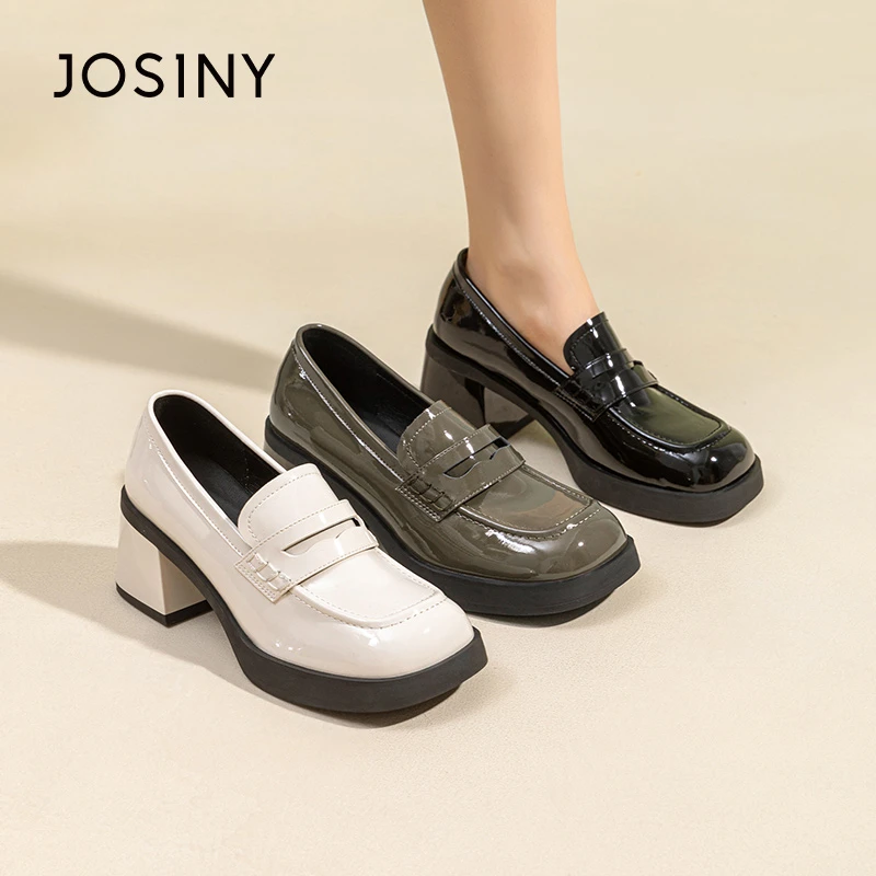 卓诗尼粗跟方头潮酷单鞋女2023年春复古法式漆皮小皮鞋391N25881