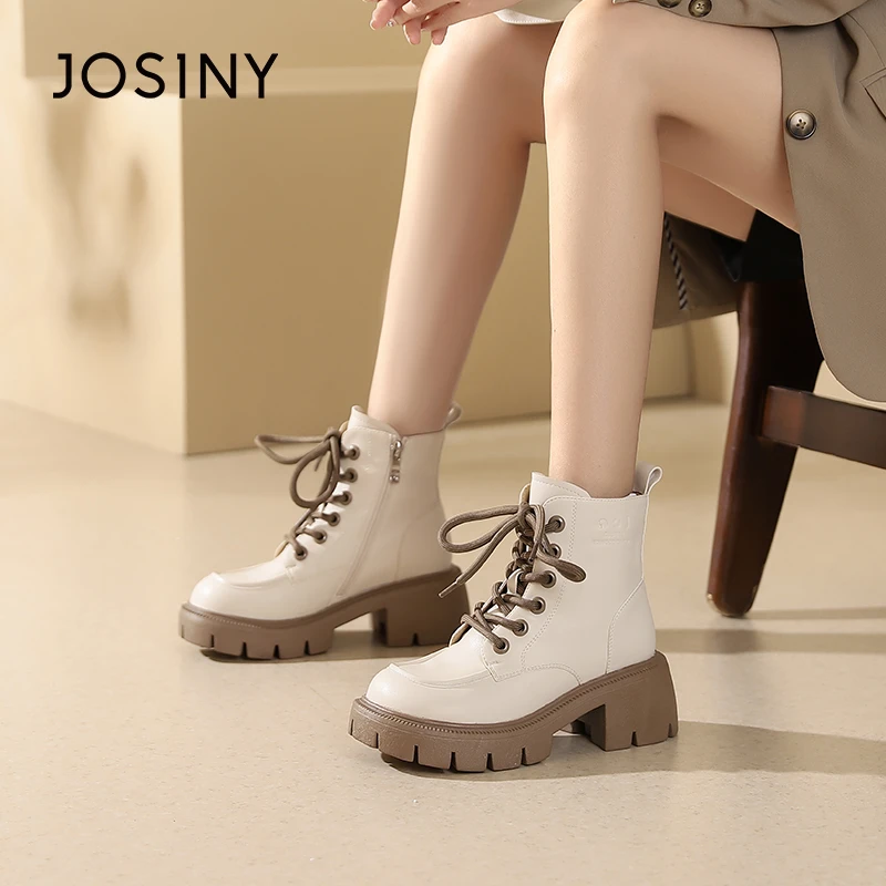 卓诗尼厚底拼色英伦风复古马丁靴女2023粗跟系带中筒靴冬季