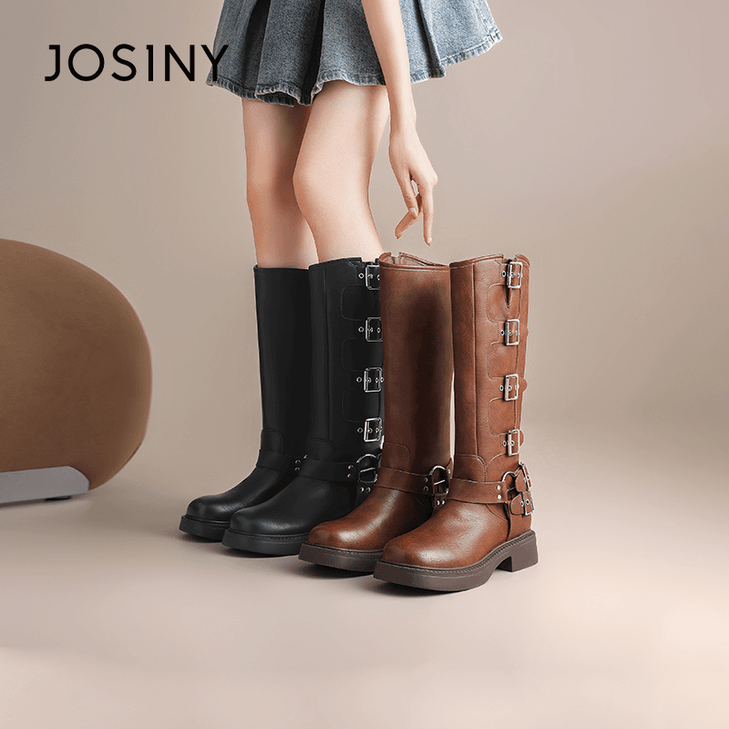 卓诗尼骑士靴美拉德穿搭厚底皮扣高筒时尚复古时装长筒圆头女长靴