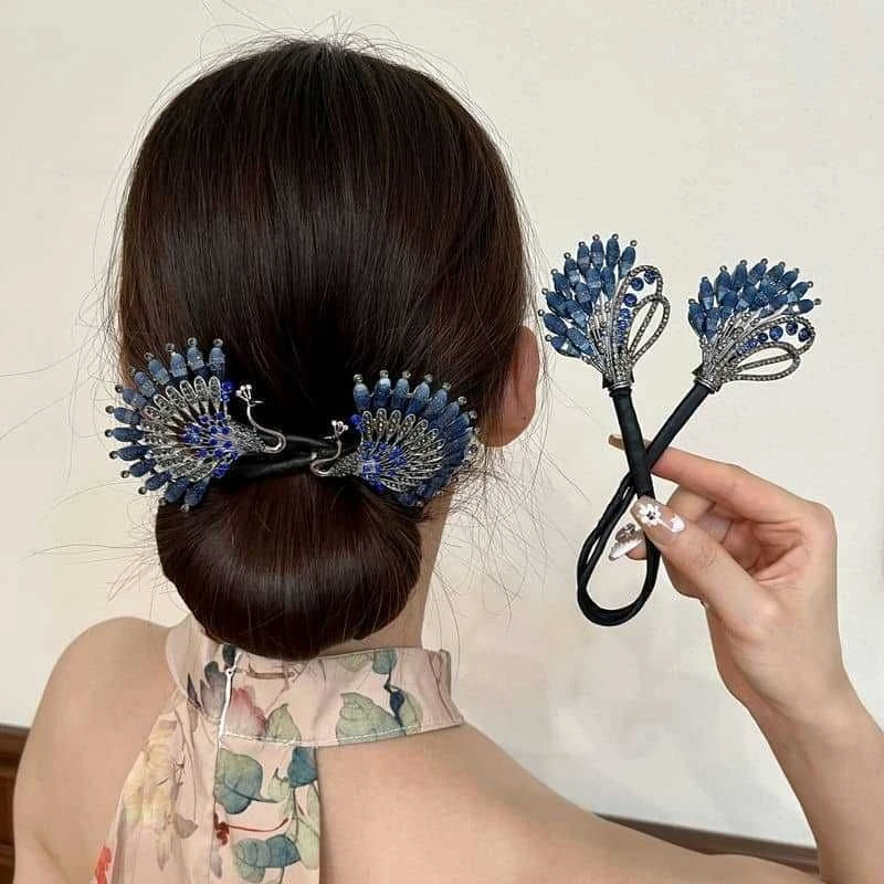 复古蓝色孔雀发夹女后脑勺盘发器精致优雅卷发扭扭夹盘丸子头头饰