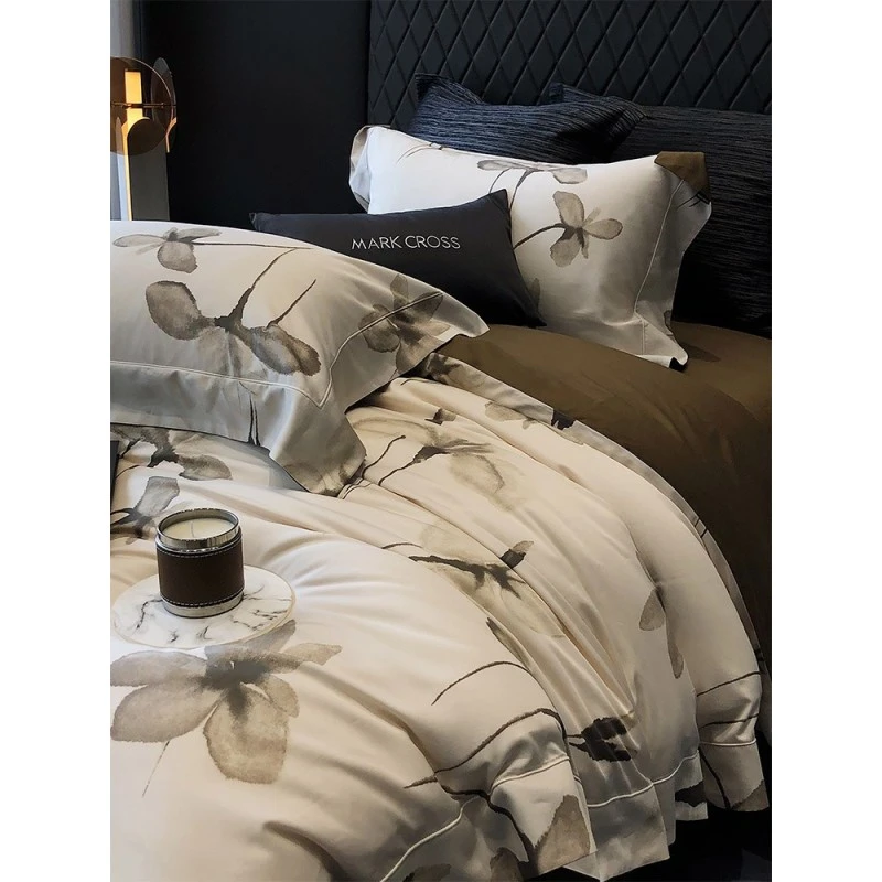高级感全棉奶丝磨毛床单款四件套轻奢风数码印花加厚被套床上用品