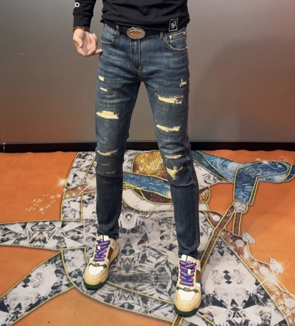秋季复古蓝假破洞牛仔裤男士修身小脚弹力长裤潮流5877