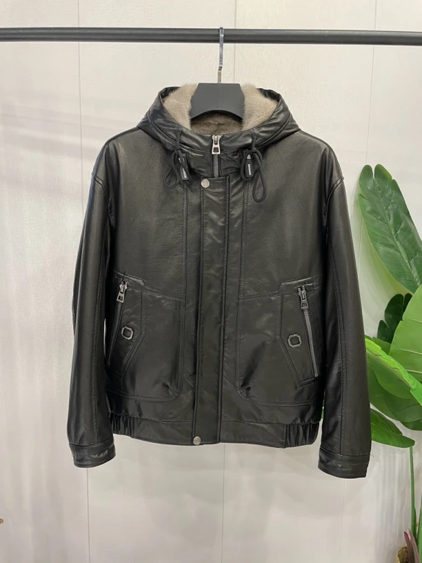 牛皮连帽银蓝整貂内胆男士皮衣