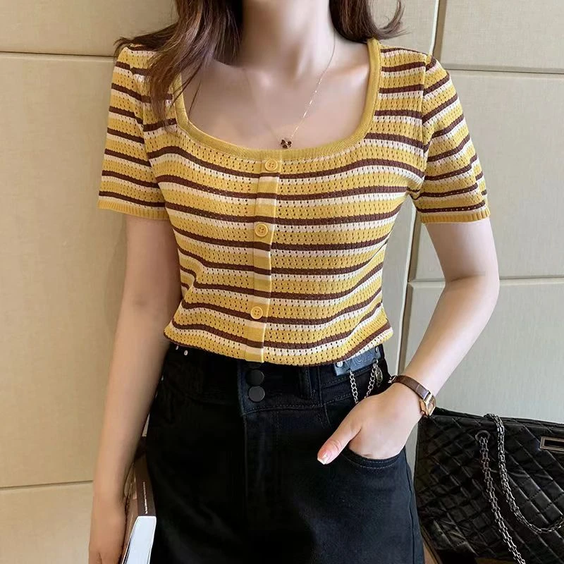 针织打底衫气质潮辣妹短上衣修身显瘦条纹百搭方领镂空薄款短袖58