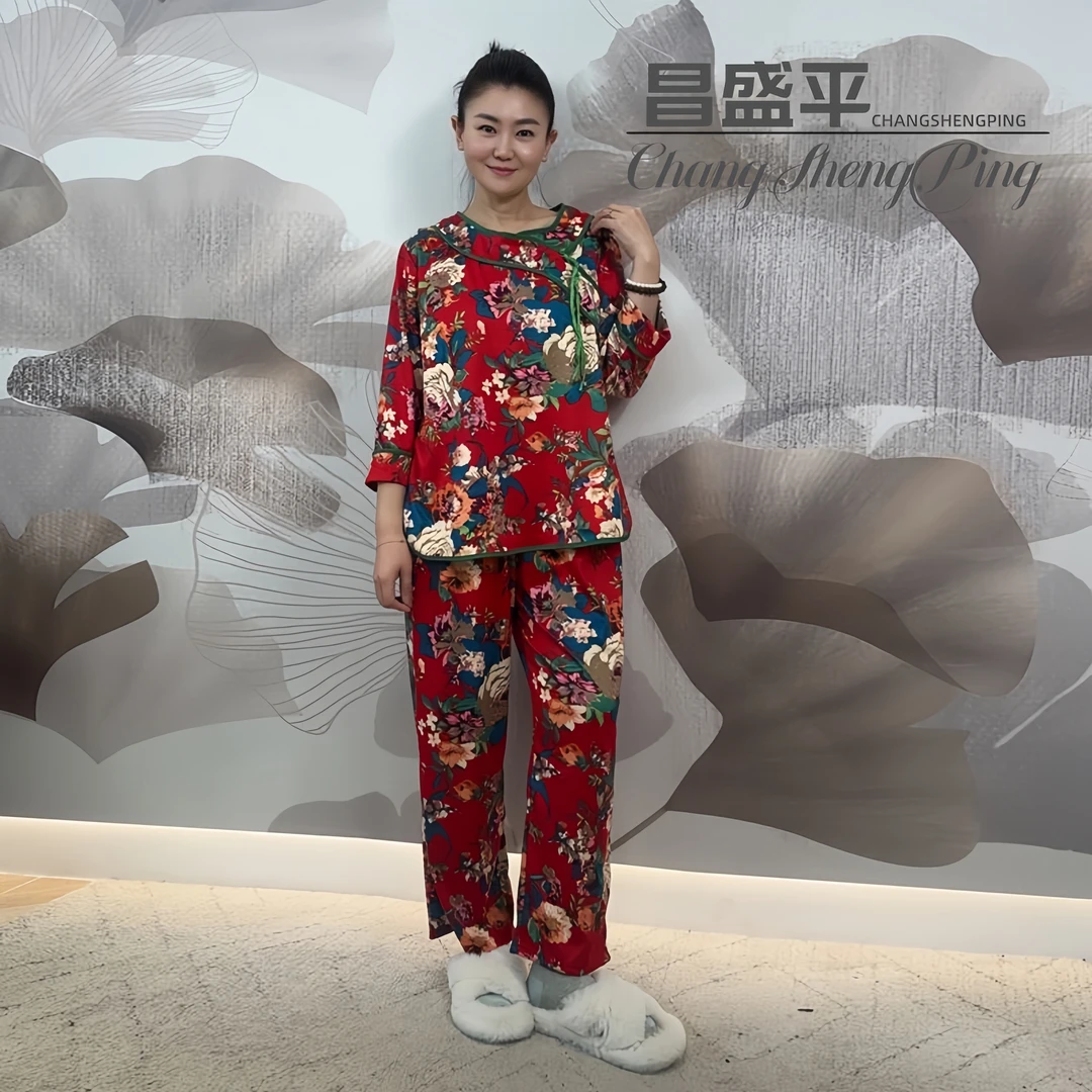 8069【新中式大花牡丹居家套装】套装睡衣宽松大码套装网红民族风