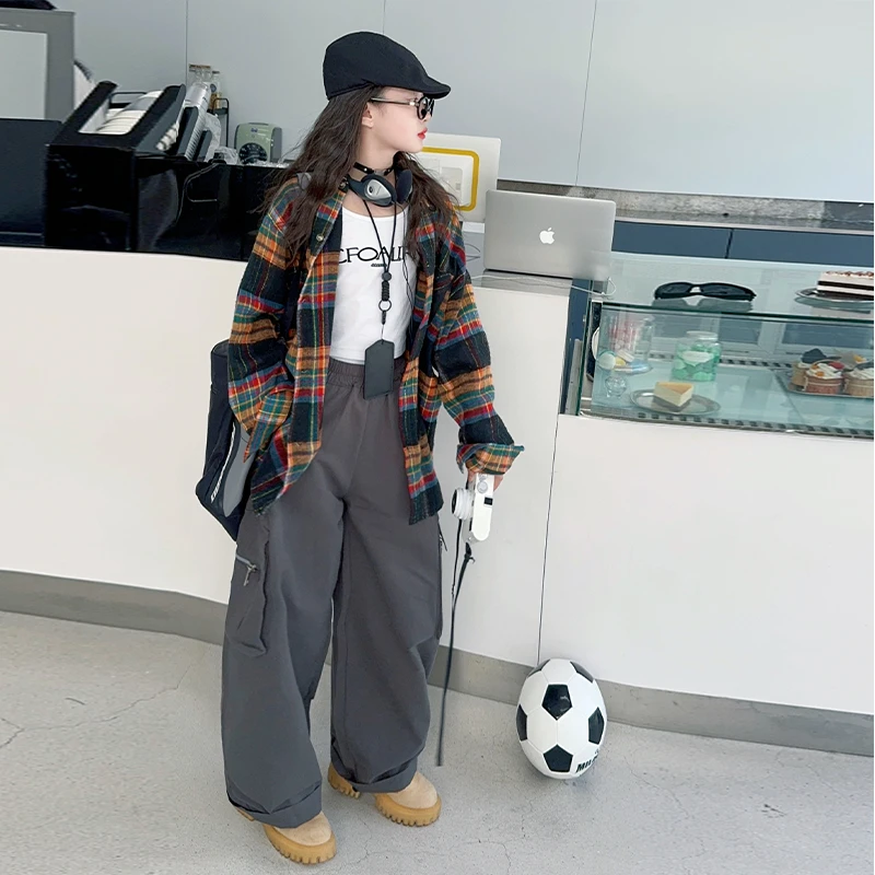 女童外套早秋款复古休闲宽松洋气时髦长袖格子衬衫2024中大童潮