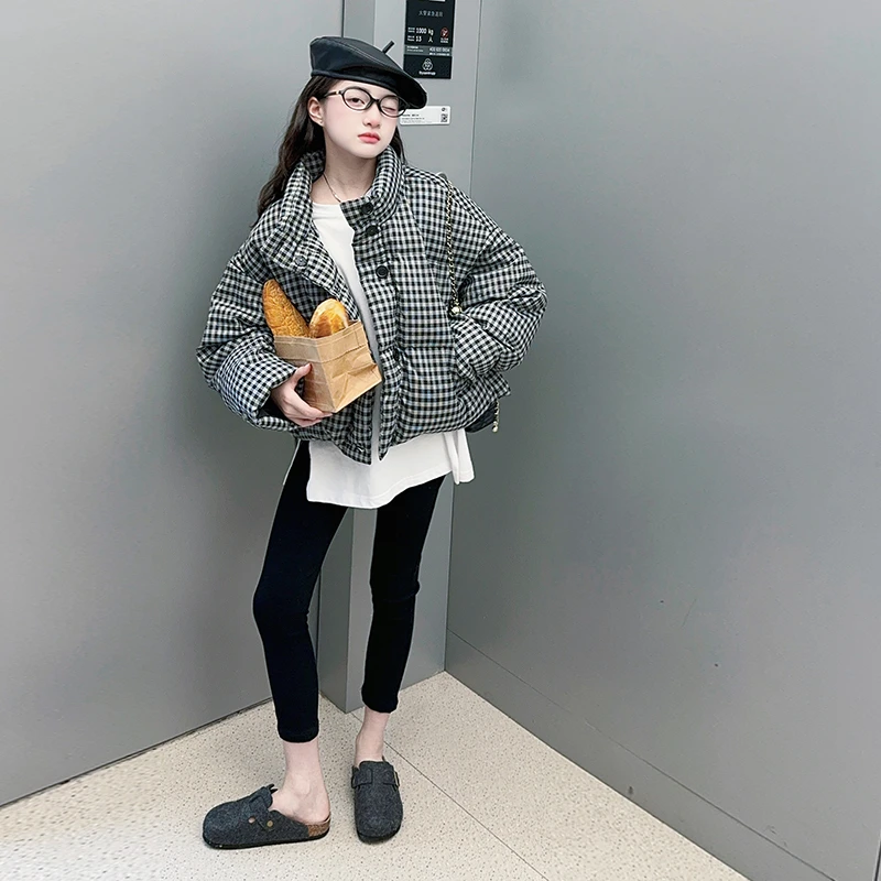 女童棉服套装冬季2024新款儿童千鸟格宽松短款加厚保暖外套三件套