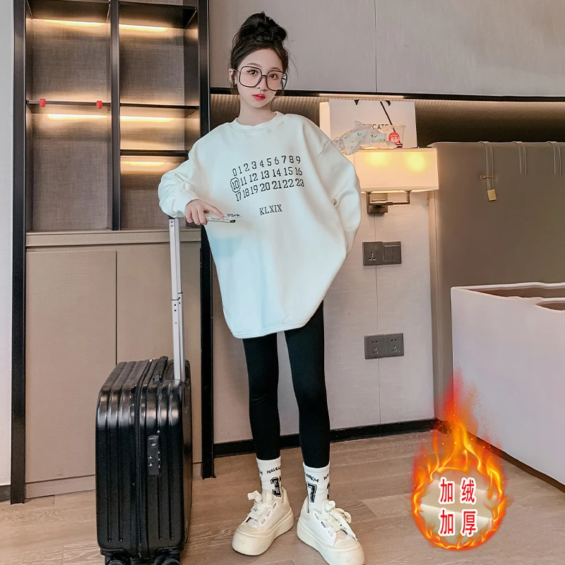 女童加绒鲨鱼裤套装2023新款韩版百搭时尚打底裤打底衫T恤绒衫冬
