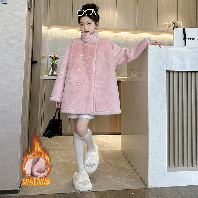 女童皮毛一体皮毛外套2024冬季新款中大童高级感小香加厚保暖大衣