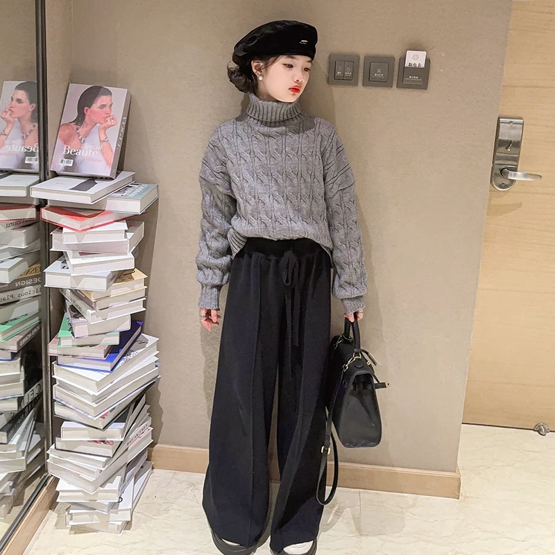 女童加厚毛衣套装2023秋冬新款儿童洋气保暖针织上衣外穿直筒裤潮